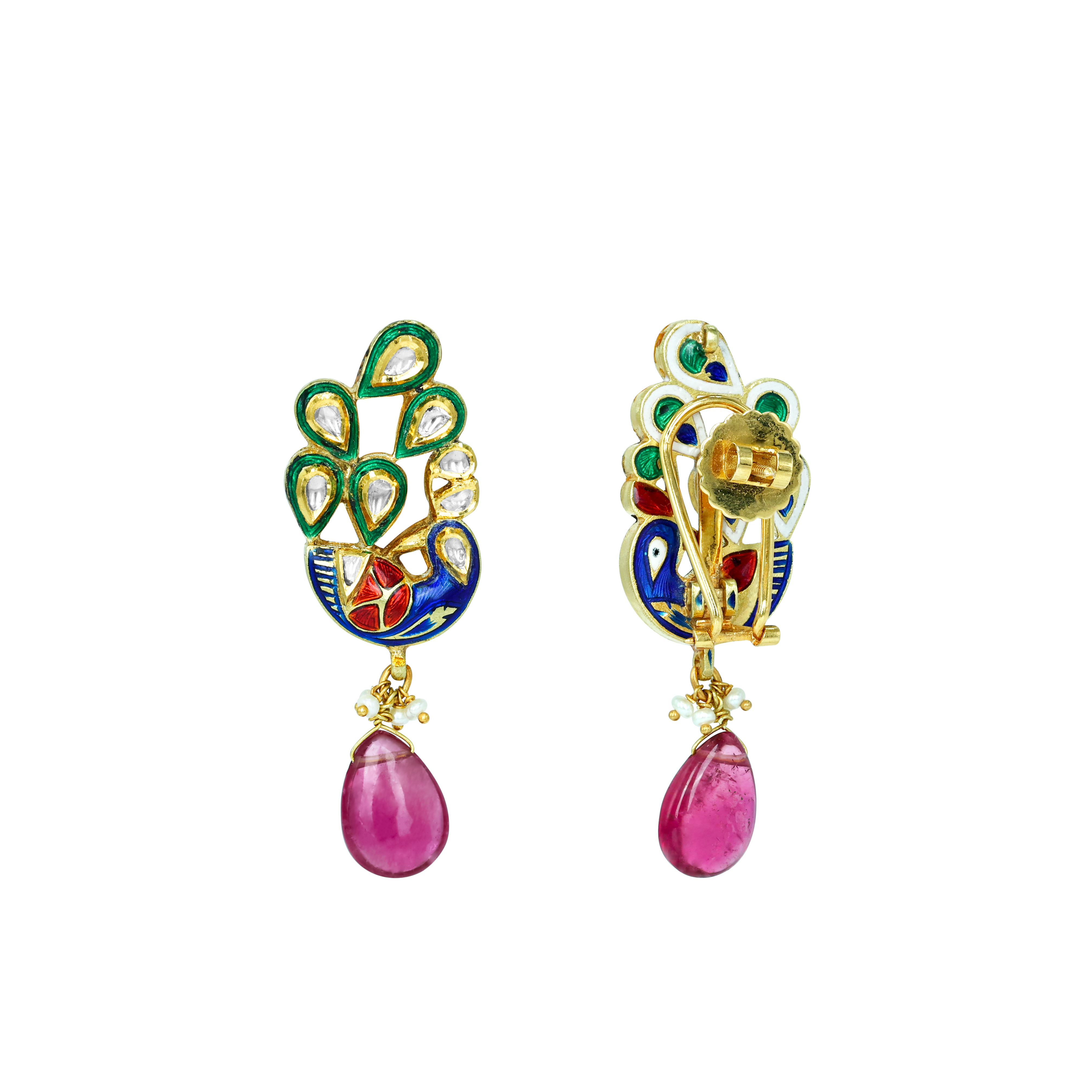 Peacock Enamel Earrings with Polki Diamonds and Tourmaline Drops